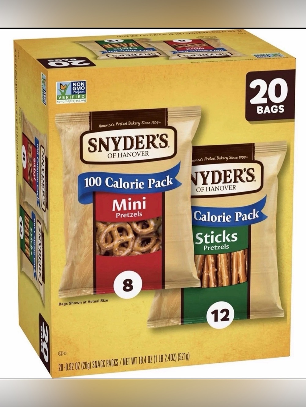 20 Packs~Snyders 100 Calorie 8~Pack Mini & 12~Sticks Pretzels~Yellow Variety Box
